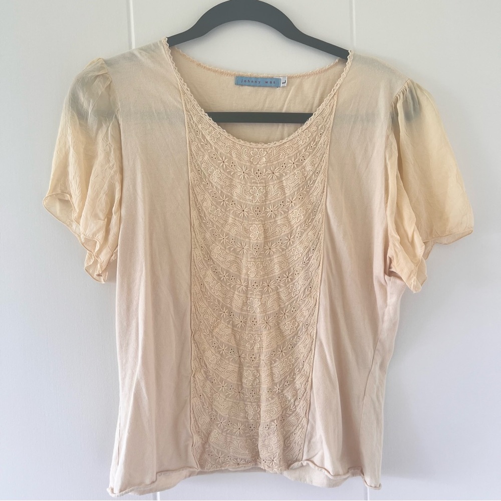 Johnny Was 100% Cotton Feminine Romantic Flowy Sheer Sleeve Boho Dreamy Top Sz L